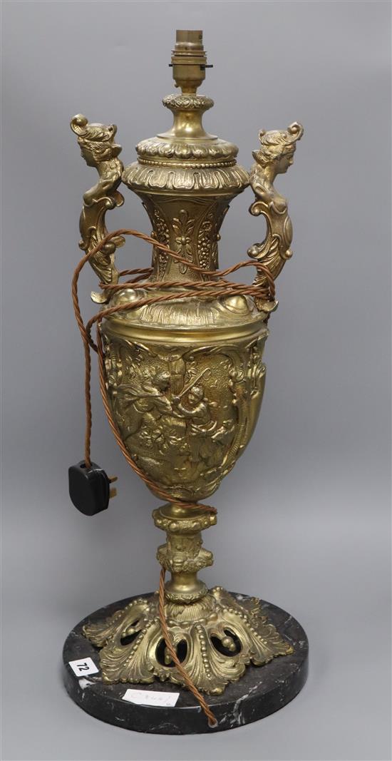 A large gilt metal urn converted to a lamp on marble base height 58cm